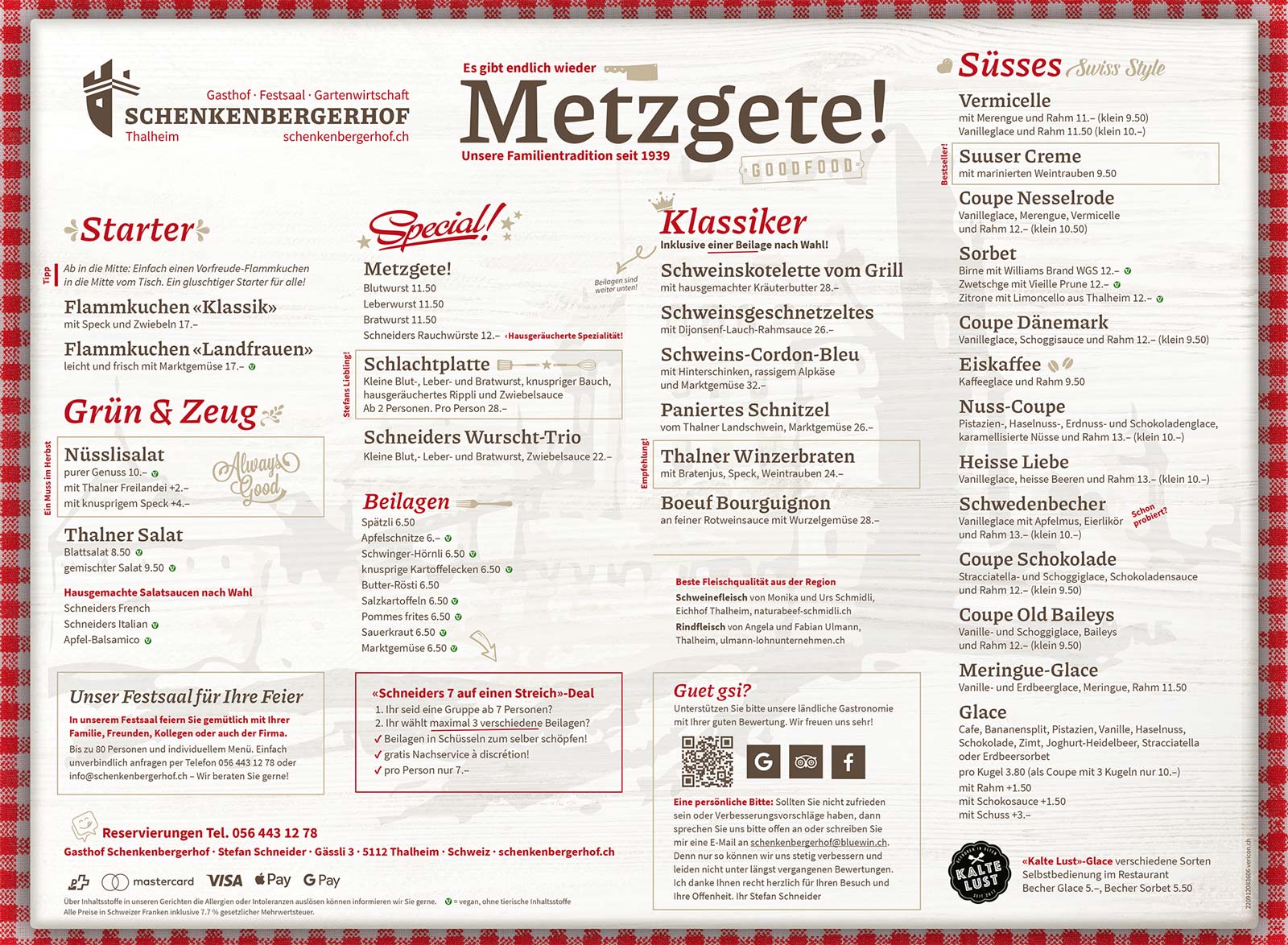 Speisekarte Metzgete im Schenkenbergerhof
